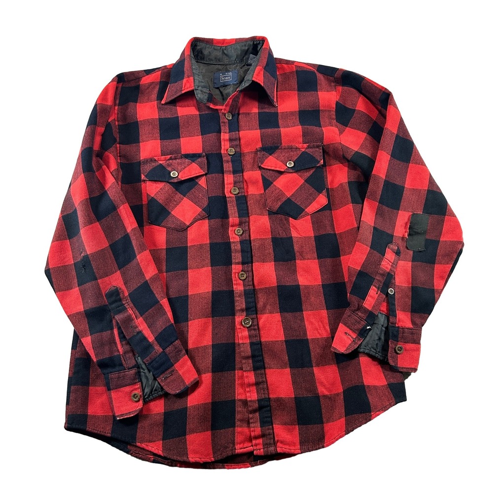 Sears Flannel Shirt Mens M Red Black Buffalo Plaid Vintage Button Down Flaws